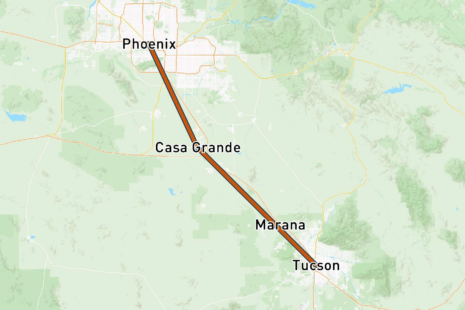 Illustrated map of the Phoenix to Tucson I-10 corridor highlighting Motor Cargo Express scheduled stops at Casa Grande, Eloy, and Marana.