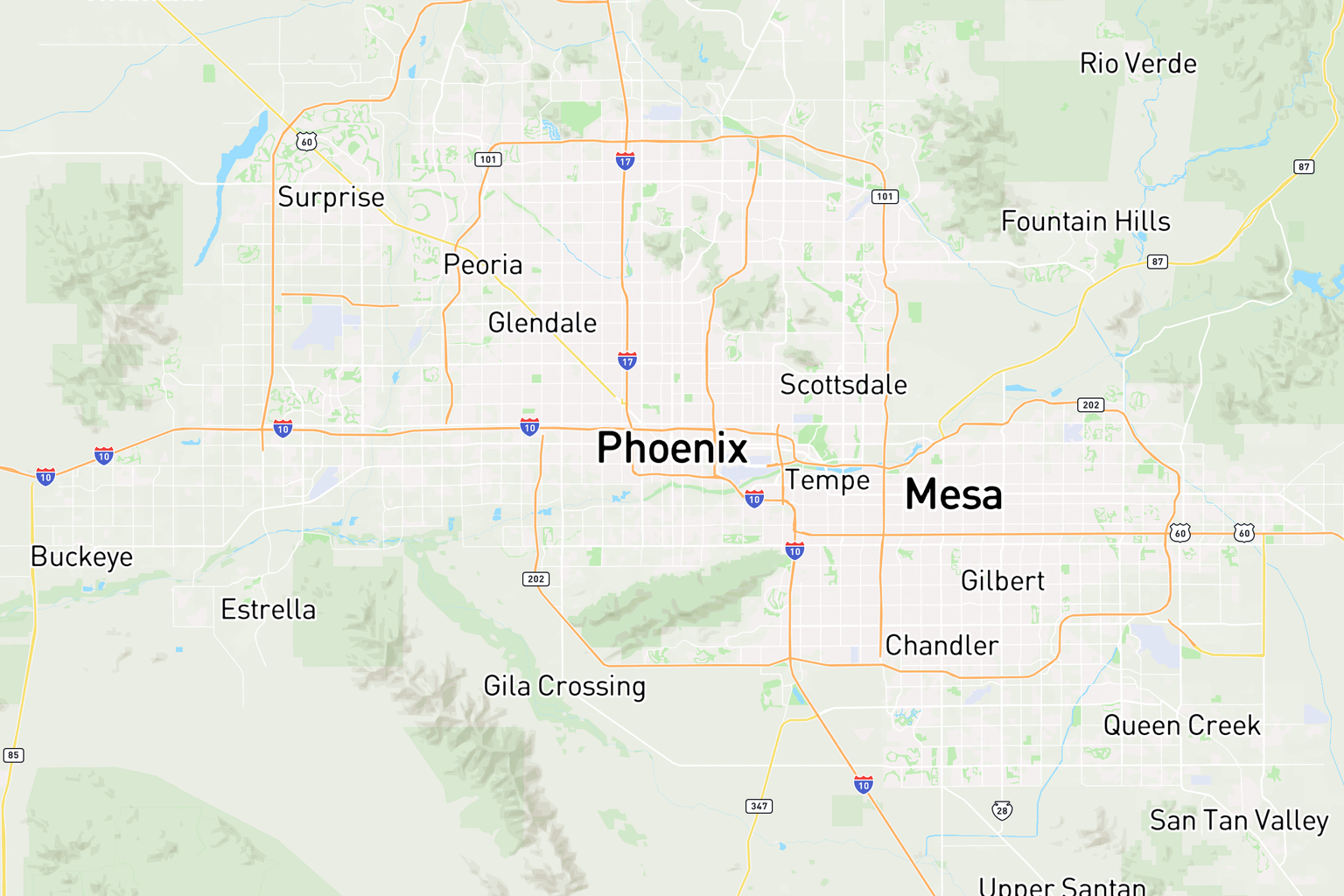 Phoenix metro same-day delivery zone covering 210 ZIPs across Maricopa County, with a 50-mile radius from central Phoenix encompassing Scottsdale, Mesa, Tempe, Chandler, Gilbert, Glendale, Peoria, Surprise, Avondale, Goodyear, and Buckeye.
